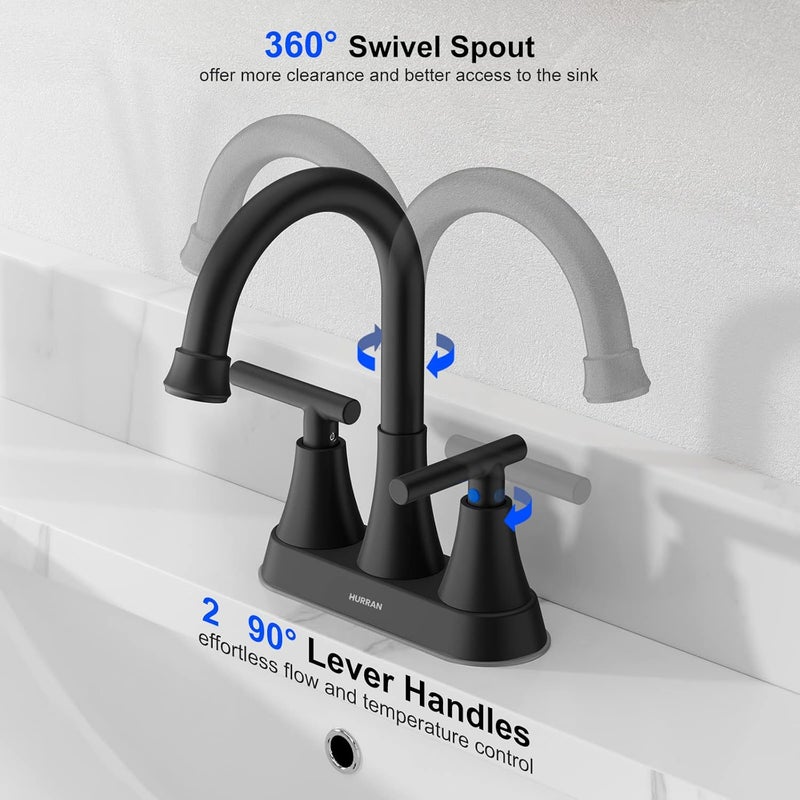 Hurran Bathroom Faucets for Sink 3 Hole, 4 inch Matte Black Bathroom Sink Faucet with Pop-up Drain and 2 Supply Hoses, Stainless Steel Lead-Free Centerset Faucet for Vanity RV, 2 Pack - Image 3
